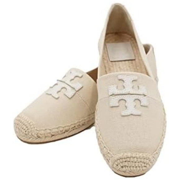 TORY BURCH Weston Flat Espadrille Canvas Slip-On Leather Logo - Picture 1 of 9